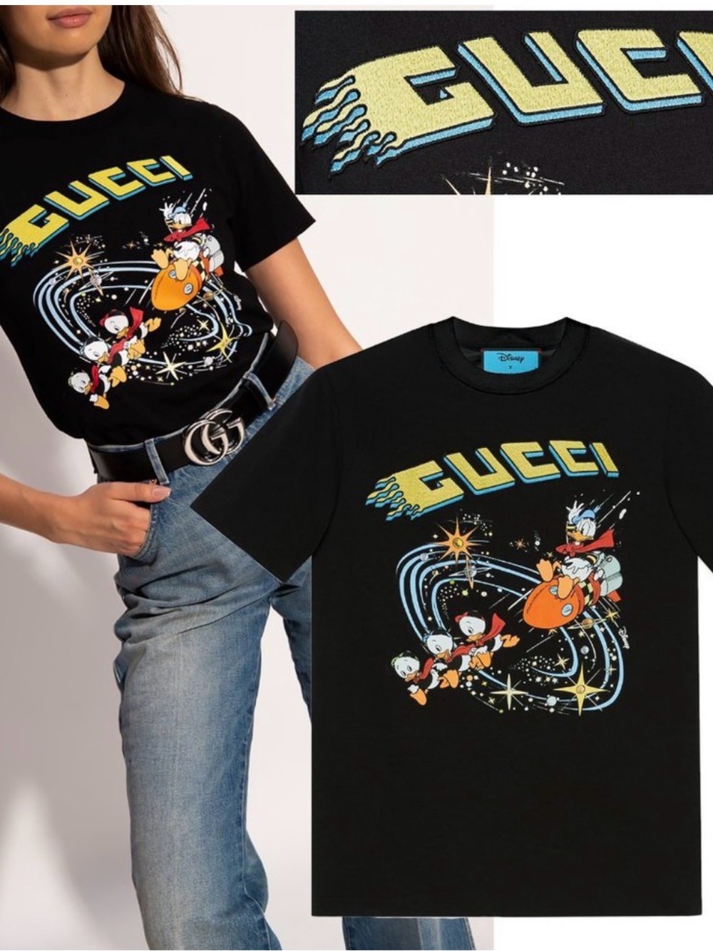New Gucci Black Graphic Disney Donald Duck Space Logo Tee XS - Picture 4 of 9